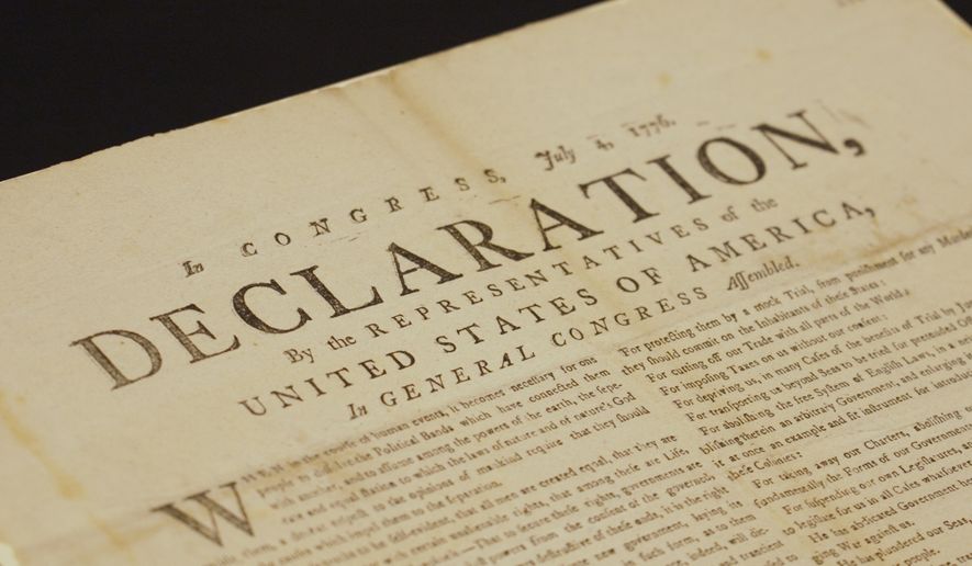 This image made from video shows a newly discovered copy of the U.S. Declaration of Independence, printed in July 1776 in Exeter, is displayed at The National Archives in London, Thursday, July 2, 2026. (AP Photo/Kwiyeon Ha)