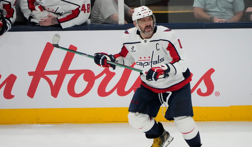 Washington Capitals left wing Alex Ovechkin (8) skates in the third period of an NHL hockey game against the Columbus Blue Jackets in Columbus, Ohio on April 14, 2026. (AP Photo/Sue Ogrocki) **FILE**