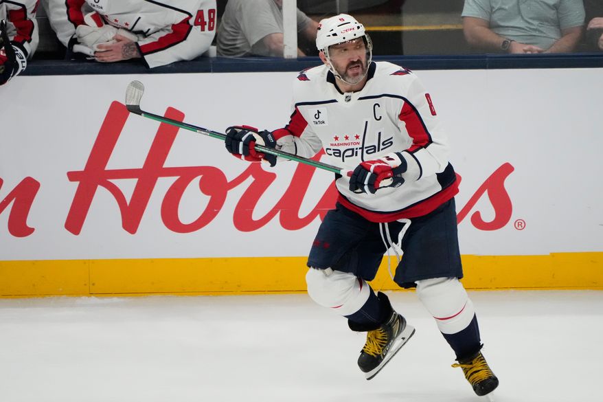 Washington Capitals left wing Alex Ovechkin (8) skates in the third period of an NHL hockey game against the Columbus Blue Jackets in Columbus, Ohio on April 14, 2026. (AP Photo/Sue Ogrocki) **FILE**