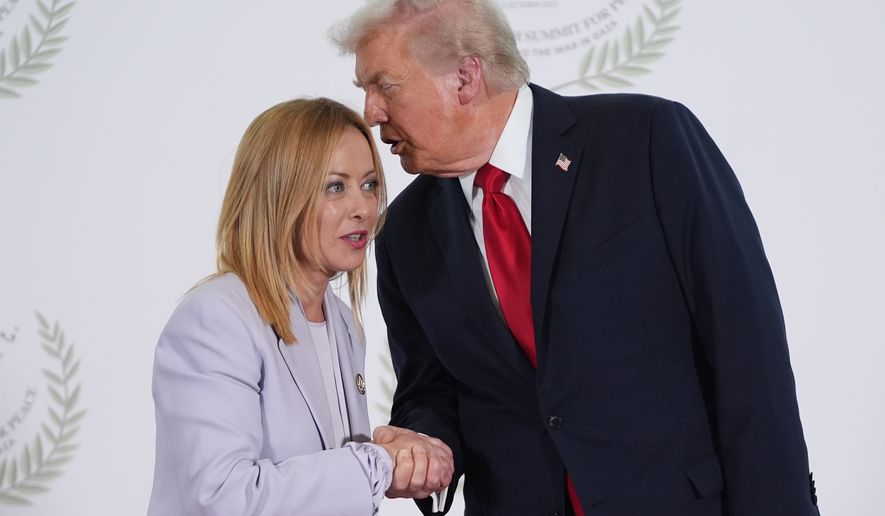 President Donald Trump greets Italy's Prime Minister Giorgia Meloni during a summit to support ending the more than two-year Israel-Hamas war in Gaza after a breakthrough ceasefire deal, Oct. 13, 2025, in Sharm El Sheikh, Egypt. (AP Photo/Evan Vucci, Pool, File)