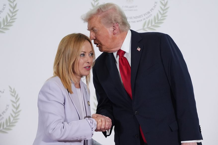 President Donald Trump greets Italy's Prime Minister Giorgia Meloni during a summit to support ending the more than two-year Israel-Hamas war in Gaza after a breakthrough ceasefire deal, Oct. 13, 2025, in Sharm El Sheikh, Egypt. (AP Photo/Evan Vucci, Pool, File)