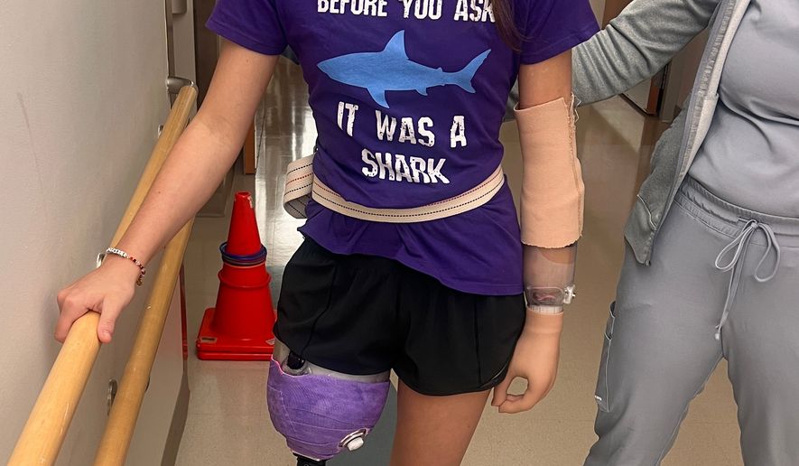 This undated photo courtesy of the Gribbin family shows Lulu Gribbin, who lost her hand and part of her leg in a shark attack off the coast of Florida in 2024. (Courtesy of Gribbin family)