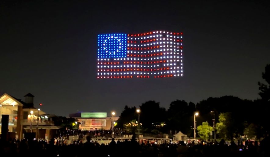 Drones put on a show in the sky near independence hall in Philadelphia on Thursday, July 2, 2026. (AP Photo/Jack Auresto)