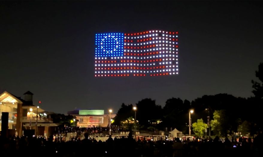 Drones put on a show in the sky near independence hall in Philadelphia on Thursday, July 2, 2026. (AP Photo/Jack Auresto)