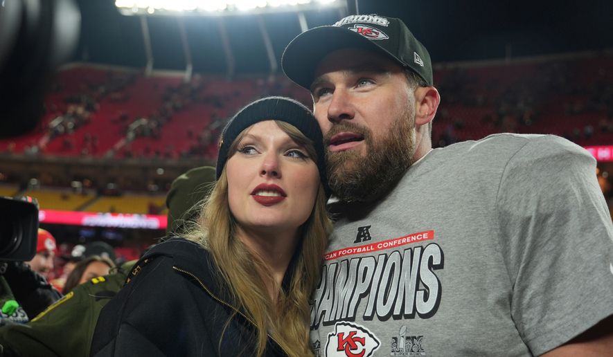 Kansas City Chiefs tight end Travis Kelce, right, and Taylor Swift appear after the Chiefs victory over the Buffalo Bills in the AFC Championship NFL football game in Kansas City, Mo., on Jan. 26, 2025. (AP Photo/Charlie Riedel, File)