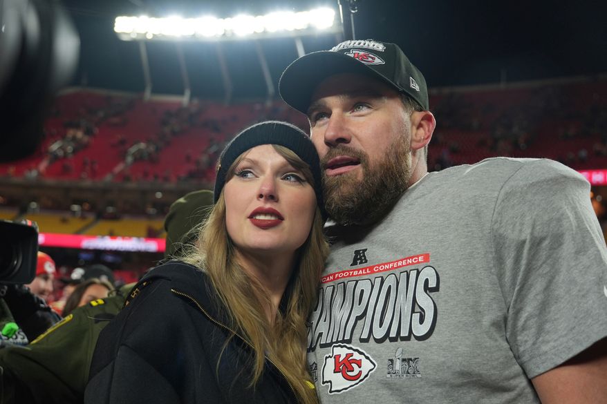 Kansas City Chiefs tight end Travis Kelce, right, and Taylor Swift appear after the Chiefs victory over the Buffalo Bills in the AFC Championship NFL football game in Kansas City, Mo., on Jan. 26, 2025. (AP Photo/Charlie Riedel, File)