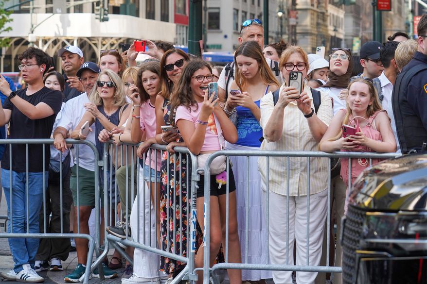 Fans line up outside of Madison Square Garden ahead of a reported wedding between singer Taylor Swift and National Football League player Travis Kelce on Friday, July 3, 2026, in New York. (AP Photo/Ryan Murphy)