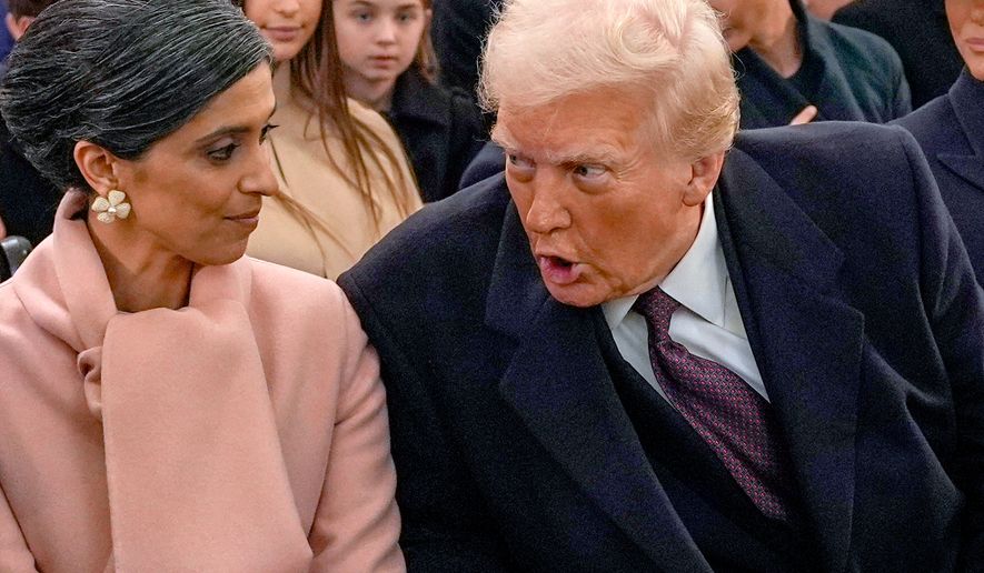 President-elect Donald Trump, from right, talks with Usha Vance and Vice President-elect JD Vance, not pictured, before a service at St. John's Church, Jan. 20, 2025, in Washington. (AP Photo/Evan Vucci, File)