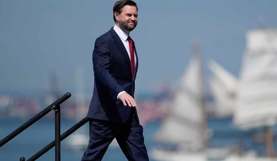 Vice President JD Vance arrives on the flight deck of the USS Kearsarge (LHD-3) in the New York harbor during The International Naval Review during Sail250 honoring America's 250th Anniversary, Saturday, July 4, 2026, in New York. (AP Photo/Frank Franklin II)