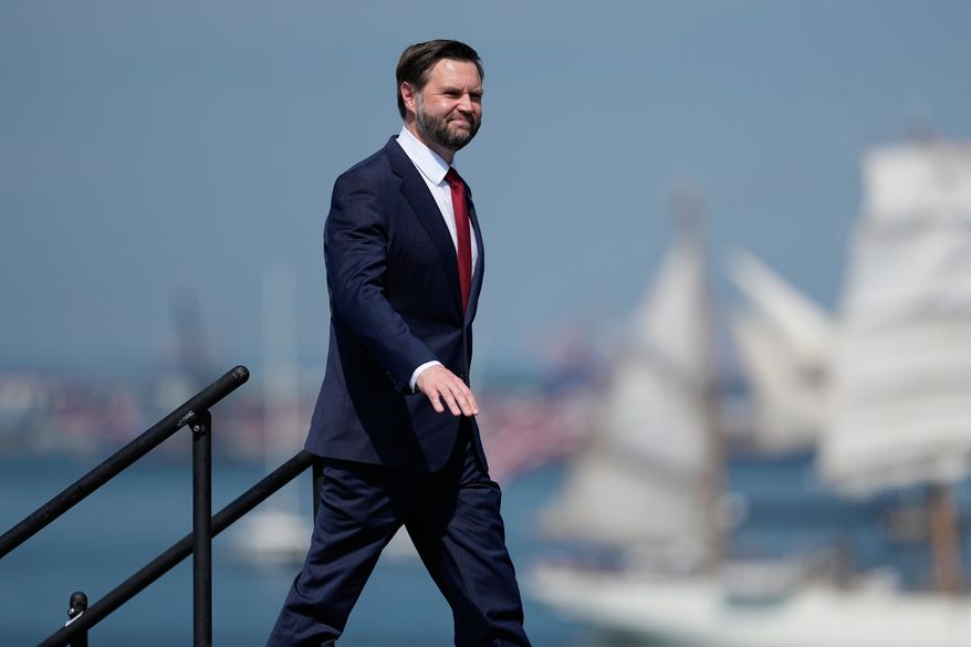 Vice President JD Vance arrives on the flight deck of the USS Kearsarge (LHD-3) in the New York harbor during The International Naval Review during Sail250 honoring America's 250th Anniversary, Saturday, July 4, 2026, in New York. (AP Photo/Frank Franklin II)