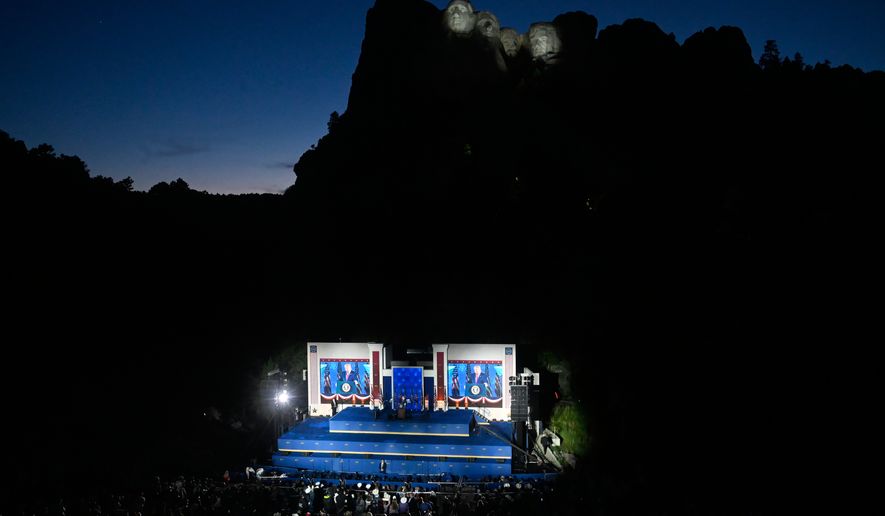 President Donald Trump speaks at Mount Rushmore National Memorial, Friday, July 3, 2026, near Keystone, S.D. (AP Photo/Matt Gade)