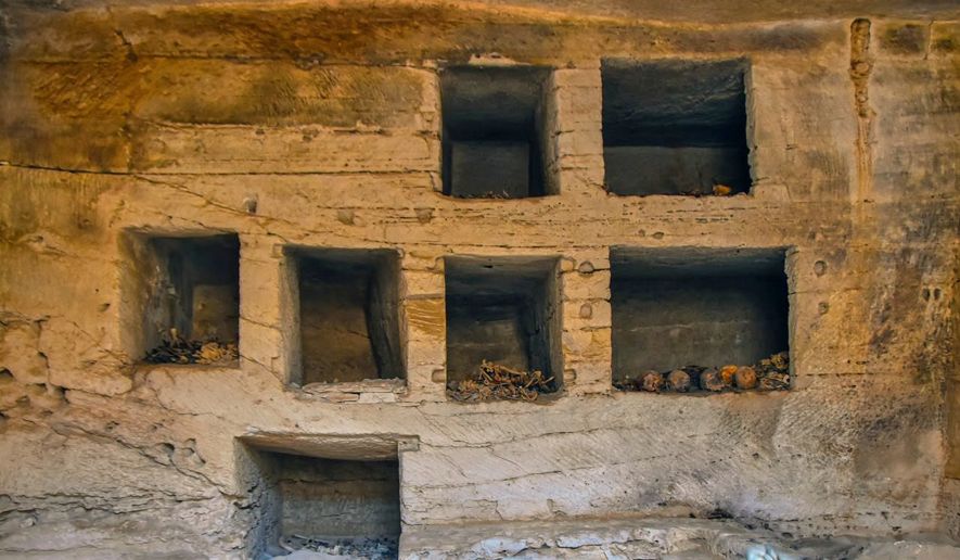 In this photo provided Saturday, July 4, 2026, by Ministery of Tourism and Antiquities, some of seven surface limestone-built tombs, discovered in the Marina el-Alamein archaeological site, are seen west of the Mediterranean city of Alexandria, Egypt. (Ministery of Tourism and Antiquities via AP)