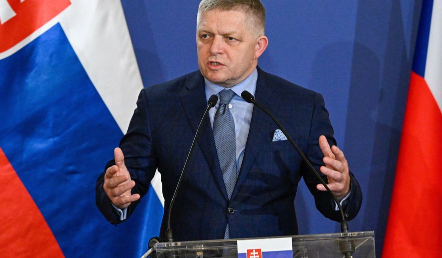 Slovakia's Premier Robert Fico attends a joint press conference with his Polish, Czech and Hungarian counterpart to conclude the one-day the summit of the Visegrad Group (V4) countries in the Royal Castle in Godollo, northern Hungary, Tuesday, June 23, 2026. (Robert Hegedus/MTI via AP)