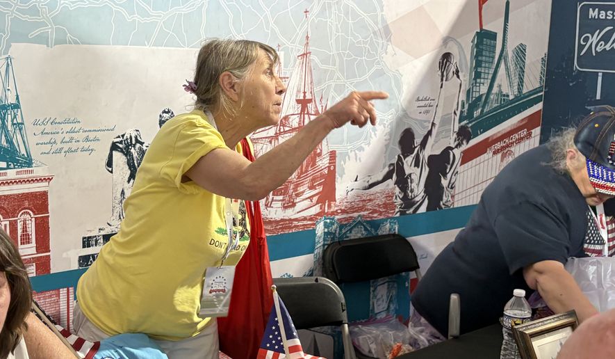 Donna Festinger speaks with a guest while running the Massachusetts exhibit at the Great American State Fair in the District. She said she will be at the event until it closes down on July 10. (Matt Delaney/The Washington Times)