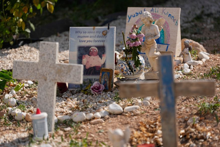 Tombs of migrants, including two babies, who died in shipwrecks are seen at the cemetery on the island of Lampedusa, southern Italy, Friday, July 3, 2026, one day before Pope Leo XIV's visit. ( AP Photo/Alessandra Tarantino)