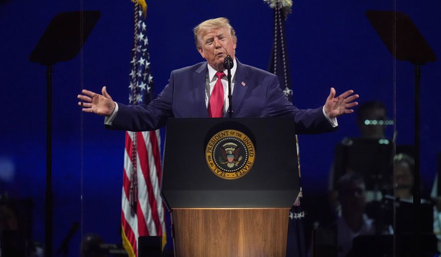 President Donald Trump speaks at Salute to America, an Independence Day event honoring the nation's 250th anniversary, Saturday, July 4, 2026, on the National Mall in Washington. (AP Photo/Alex Brandon)