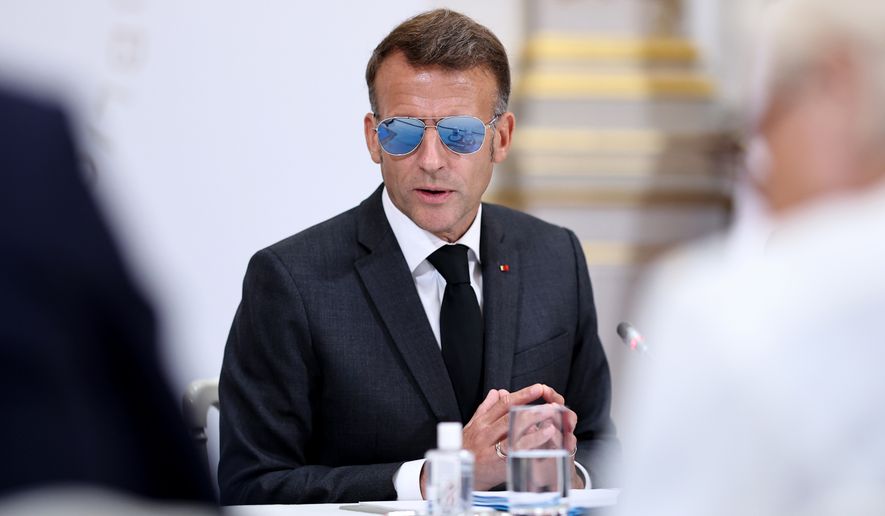 France's President Emmanuel Macron chairs the fifth follow-up meeting on combating drug trafficking, at the Elysee presidential Palace in Paris, Thursday July 2, 2026. (Simon Wohlfahrt/Pool Photo via AP)
