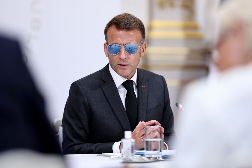 France's President Emmanuel Macron chairs the fifth follow-up meeting on combating drug trafficking, at the Elysee presidential Palace in Paris, Thursday July 2, 2026. (Simon Wohlfahrt/Pool Photo via AP)