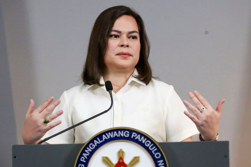Philippine Vice President Sara Duterte gestures as she speaks during a press conference in Manila, Philippines, on Friday, Feb. 7, 2025. (AP Photo/Basilio Sepe, File)