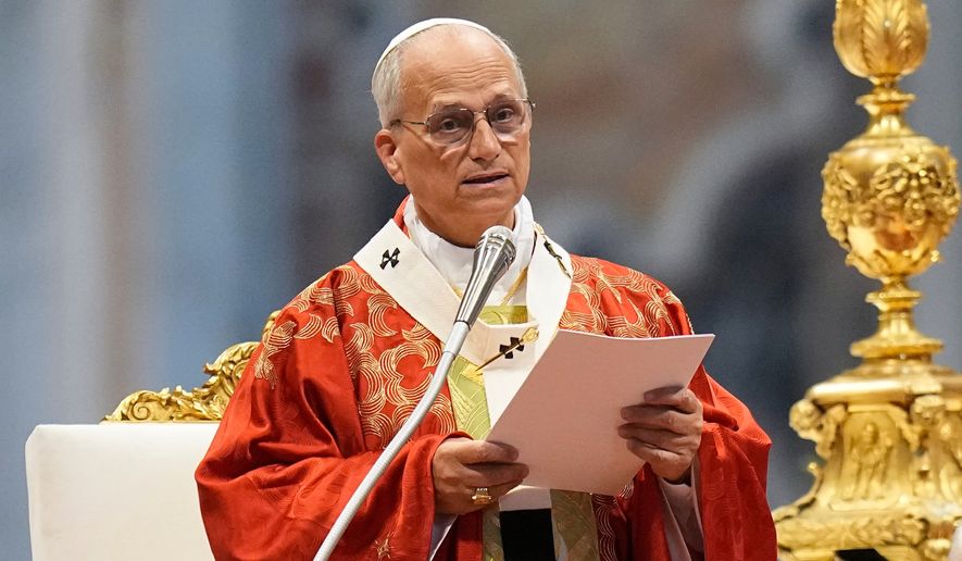 Pope Leo XIV delivers his message as he celebrates a Mass where he confers the pallium on newly appointed metropolitan archbishops, in St. Peter's Basilica, at the Vatican, Monday, June 29, 2026. (AP Photo/Alessandra Tarantino)