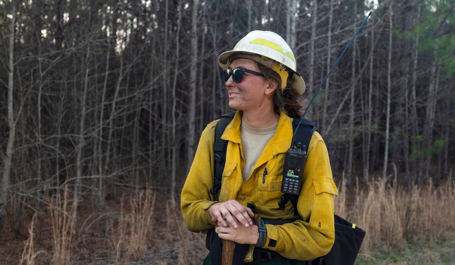 This photo provided by Holly Tuckett shows wildland firefighter Sydney Watson at the North Carolina WRTEX event near Singletary Lake, N.C., on Feb. 27, 2023. (Holly Tuckett via AP)