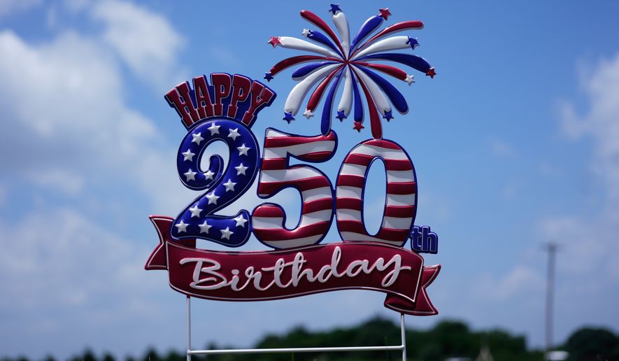 A "Happy 250th Birthday" signs seen near the entrance at Lucky Patriot Fireworks in Batavia, Ohio, Tuesday, June 30, 2026. (AP Photo/Carolyn Kaster)