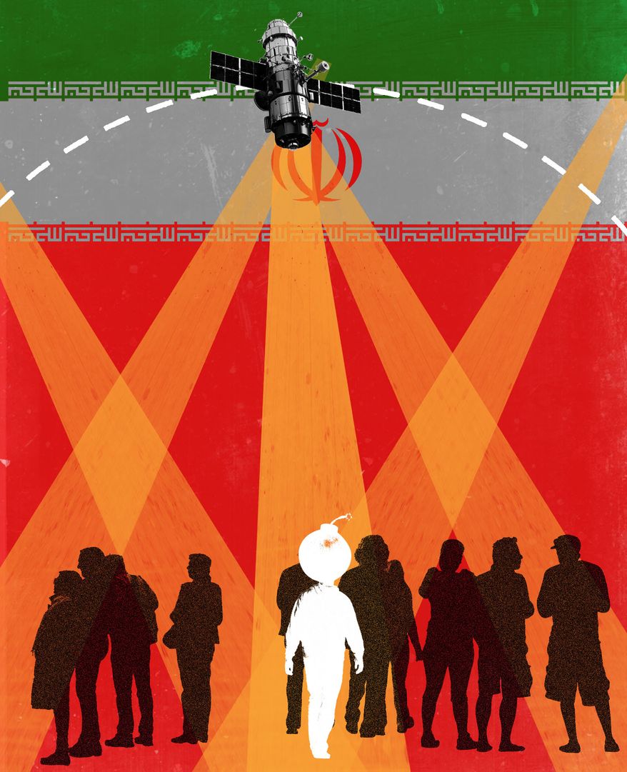 Iran's hybrid warfare and exploiting digital technology to spy illustration by Linas Garsys / The Washington Times