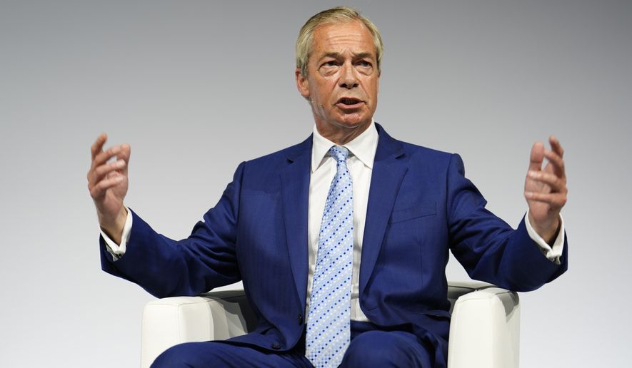 Reform UK leader Nigel Farage gestures during a fireside chat at the Alliance for Responsible Citizenship (Arc) annual conference, at Olympia London, Wednesday June 24, 2026. (Jordan Pettitt/PA via AP)