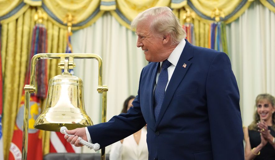 President Donald Trump rings the opening bell for the New York Stock Exchange and the Nasdaq markets in the Oval Office at the White House, Monday, July 6, 2026, in Washington. (AP Photo/Mark Schiefelbein)