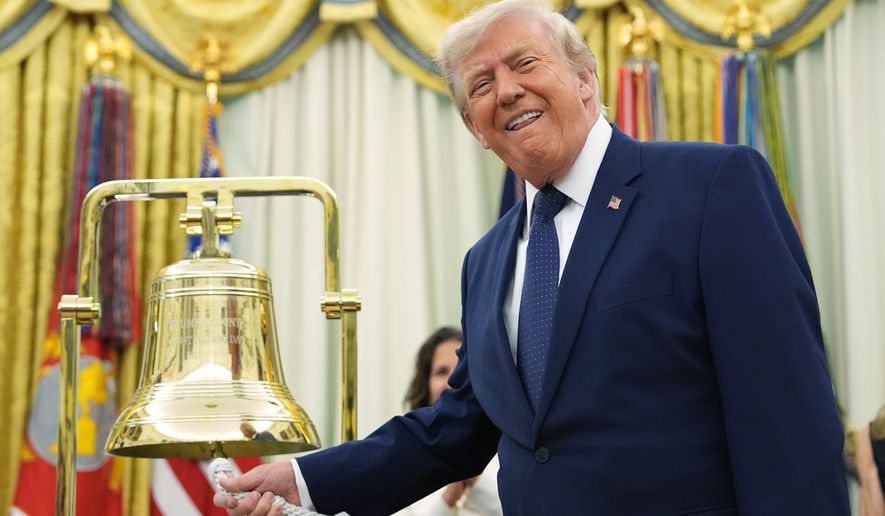 President Donald Trump rings the opening bell for the New York Stock Exchange and the Nasdaq in the Oval Office at the White House, Monday, July 6, 2026, in Washington. (AP Photo/Mark Schiefelbein)
