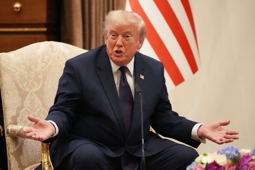 President Donald Trump gestures during a bilateral meeting with Turkish President Recep Tayyip Erdogan at the NATO summit in Ankara, Turkey, Tuesday, July 7, 2026. (AP Photo/Alex Brandon)