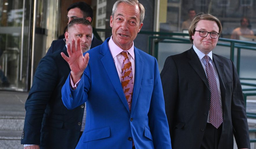 Britain's Reform UK leader Nigel Farage leaves Milbank Tower after he said he'll quit his Parliament seat and seek reelection in London, Tuesday, July 7, 2026.(AP Photo/Thomas Krych)