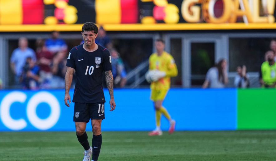 United States' Christian Pulisic (10) reacts after Belgium scored a goal during the World Cup round of 16 soccer match between the United States and Belgium in Seattle, Monday, July 6, 2026. (AP Photo/Abbie Parr)