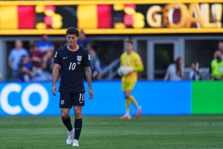 United States' Christian Pulisic (10) reacts after Belgium scored a goal during the World Cup round of 16 soccer match between the United States and Belgium in Seattle, Monday, July 6, 2026. (AP Photo/Abbie Parr)