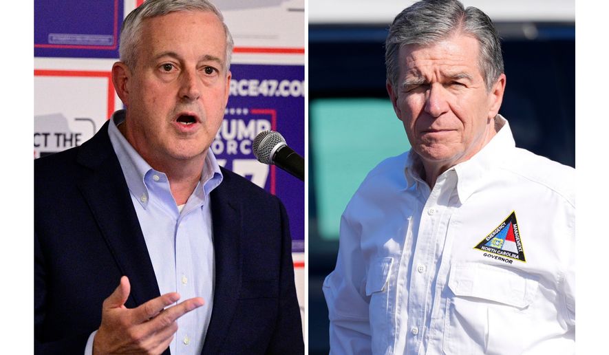 At left, Michael Whatley speaks June 18, 2024, in Newtown, Pa., and at right, North Carolina Gov. Roy Cooper, on Oct. 5, 2024, in Charlotte, N.C. (AP Photo/Derik Hamilton and Chris Carlson)