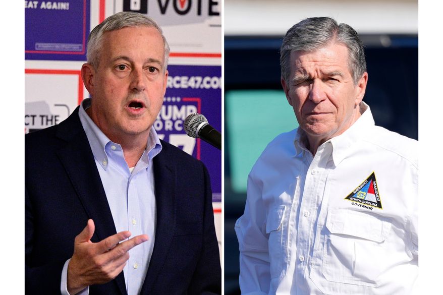 At left, Michael Whatley speaks June 18, 2024, in Newtown, Pa., and at right, North Carolina Gov. Roy Cooper, on Oct. 5, 2024, in Charlotte, N.C. (AP Photo/Derik Hamilton and Chris Carlson)