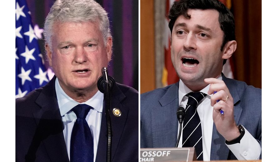 At left, Rep. Mike Collins, R-Ga., speaks June 26, 2026, in Washington, and at right, Sen. Jon Ossoff, D-Ga., speaks in Washington, July 26, 2022. (AP Photo/Manuel Balce Ceneta and J. Scott Applewhite)