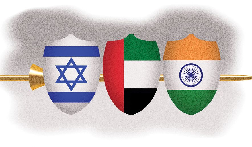 Israel forging alliances with United Arab Emirates and India illustration by Alexander Hunter/The Washington Times
