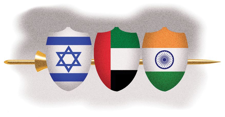 Israel forging alliances with United Arab Emirates and India illustration by Alexander Hunter/The Washington Times