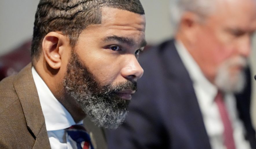 FILE - Jackson Mayor Chokwe Antar Lumumba listens to the weekly Jackson City Council meeting at city hall in Jackson, Miss., Tuesday, Nov. 19, 2024. (AP Rogelio V. Solis, File)