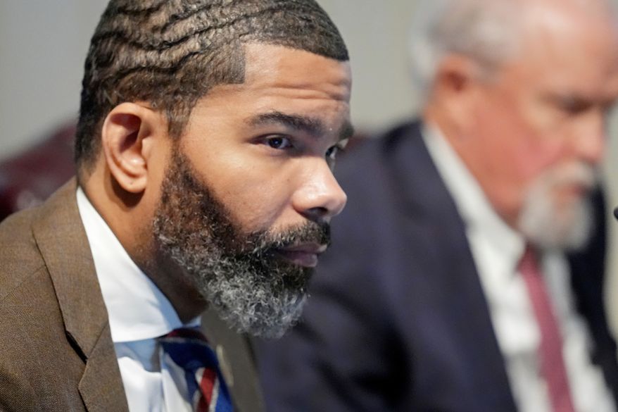 FILE - Jackson Mayor Chokwe Antar Lumumba listens to the weekly Jackson City Council meeting at city hall in Jackson, Miss., Tuesday, Nov. 19, 2024. (AP Rogelio V. Solis, File)