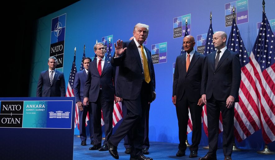 U.S. President Donald Trump departs a news conference at the NATO summit in Ankara, Turkey, Wednesday, July 8, 2026. (AP Photo/Alex Brandon)