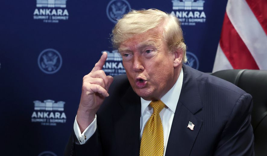 President Donald Trump speaks during a meeting with NATO Secretary-General Mark Rutte at the NATO summit in Ankara, Turkey, Wednesday, July 8, 2026. (Filip Singer, Pool Photo via AP)