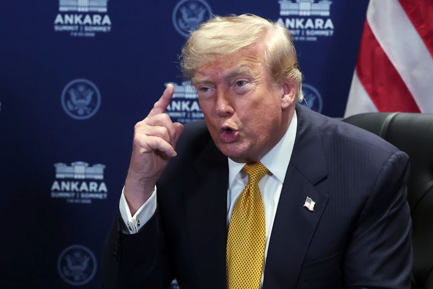 President Donald Trump speaks during a meeting with NATO Secretary-General Mark Rutte at the NATO summit in Ankara, Turkey, Wednesday, July 8, 2026. (Filip Singer, Pool Photo via AP)