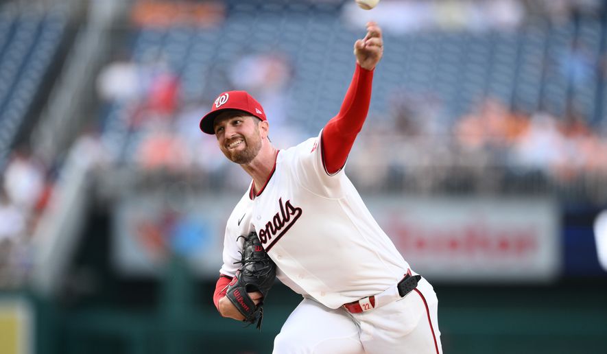 Washington Nationals pitcher Foster Griffin throws during the third inning of a baseball game against the Houston Astros, Wednesday, July 8, 2026, in Washington. (AP Photo/Nick Wass)