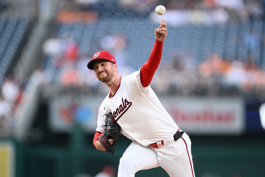 Washington Nationals pitcher Foster Griffin throws during the third inning of a baseball game against the Houston Astros, Wednesday, July 8, 2026, in Washington. (AP Photo/Nick Wass)