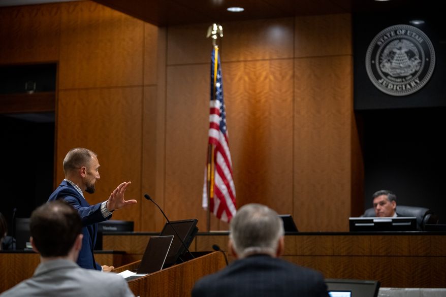 Deputy Utah County Attorney Ryan McBride speaks during a preliminary hearing in Fourth District Court for Tyler Robinson, who is accused of fatally shooting Charlie Kirk, in Provo, Utah, on Tuesday, July 7, 2026. (Trent Nelson/The Salt Lake Tribune via AP, Pool)