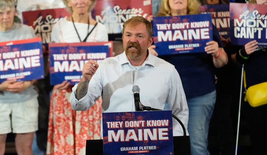Democratic U.S. Senate candidate Graham Platner speaks during a primary election night watch party after winning the Democratic nomination Tuesday, June 9, 2026, in Blue Hill, Maine. (AP Photo/Robert F. Bukaty)
