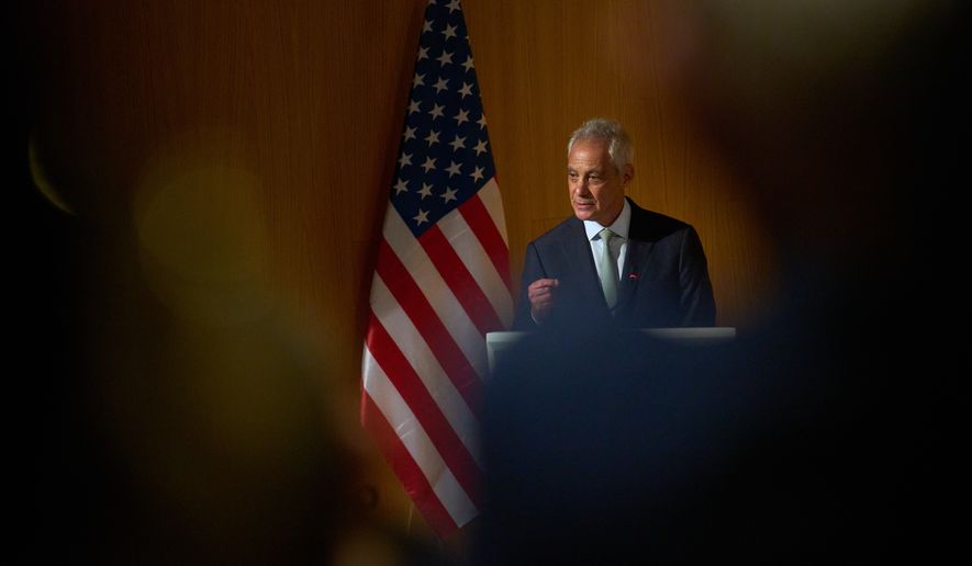 Rahm Emanuel, a potential Democratic presidential candidate and longtime defender of Israel speaks in Tel Aviv University, Israel , Wednesday, July 8, 2026. (AP Photo/Ariel Schalit)