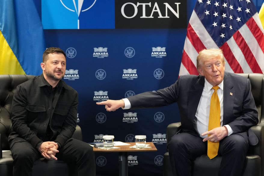 U.S. President Donald Trump meets with Ukraine's President Volodymyr Zelenskyy on the sidelines of the NATO summit in Ankara, Turkey, Wednesday, July 8, 2026. (AP Photo/Alex Brandon)